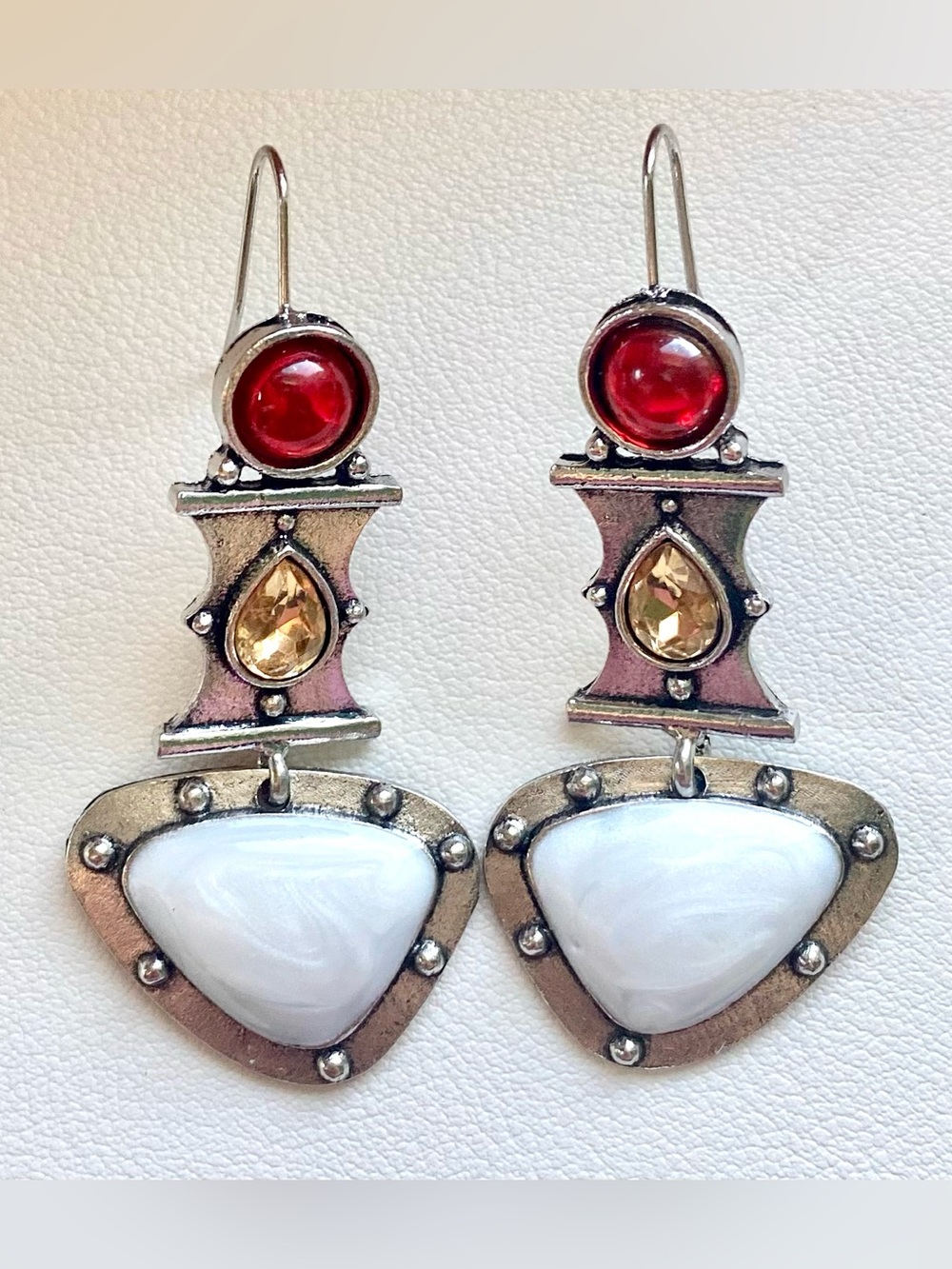 Handcrafted Silver-Tone Earrings with Red, Gold and White Stones